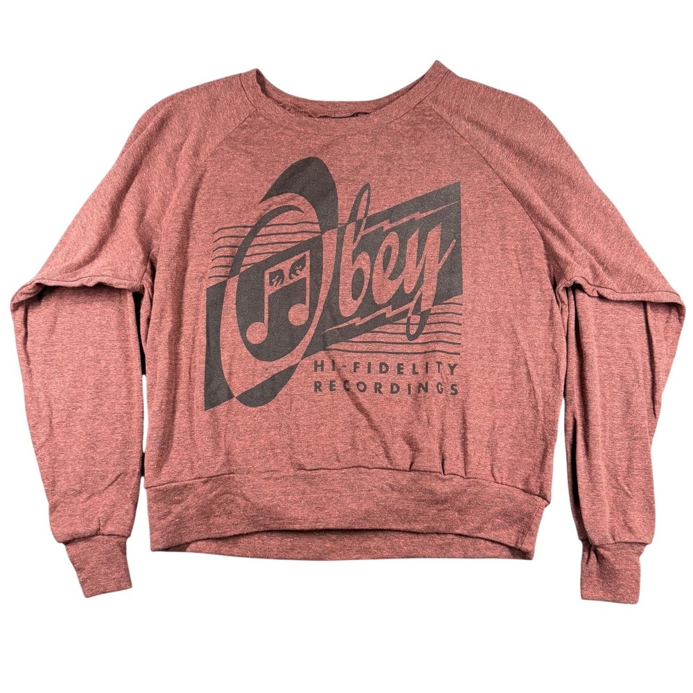 Obey Sweatshirt Womens XS Red Hi Fidelity Recordings Graphic Raglan Pullover